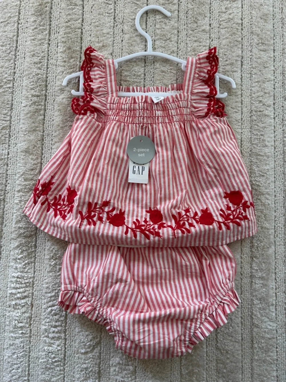 GAP Red and White Striped Floral Embroidered 2-Piece Diaper Cover Set